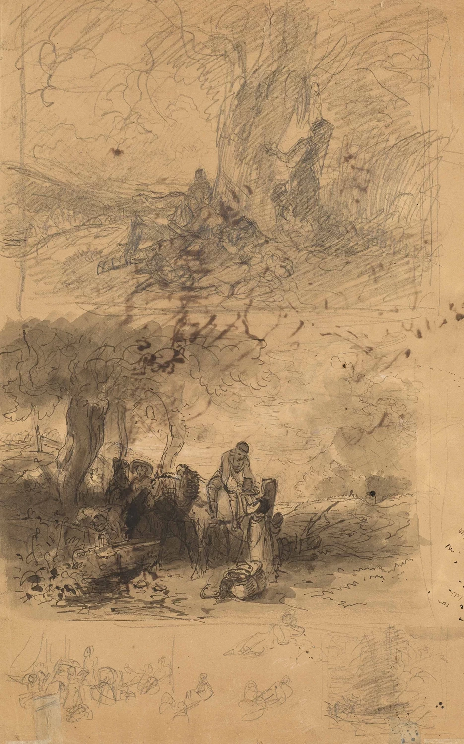 Figure e cavalli sotto gli alberi